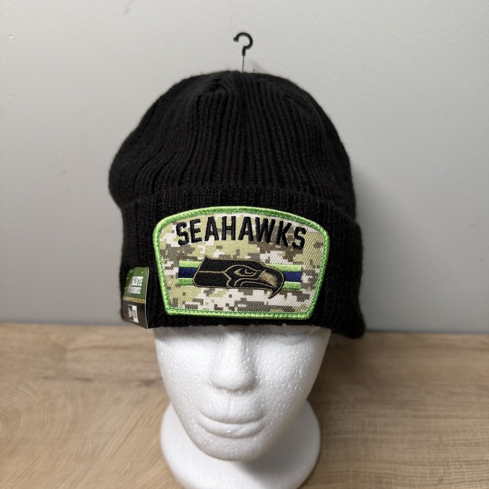 New Era Seattle Seahawks NFL Salute‎ to Service Camo Beanie Hat OSFM Black Green